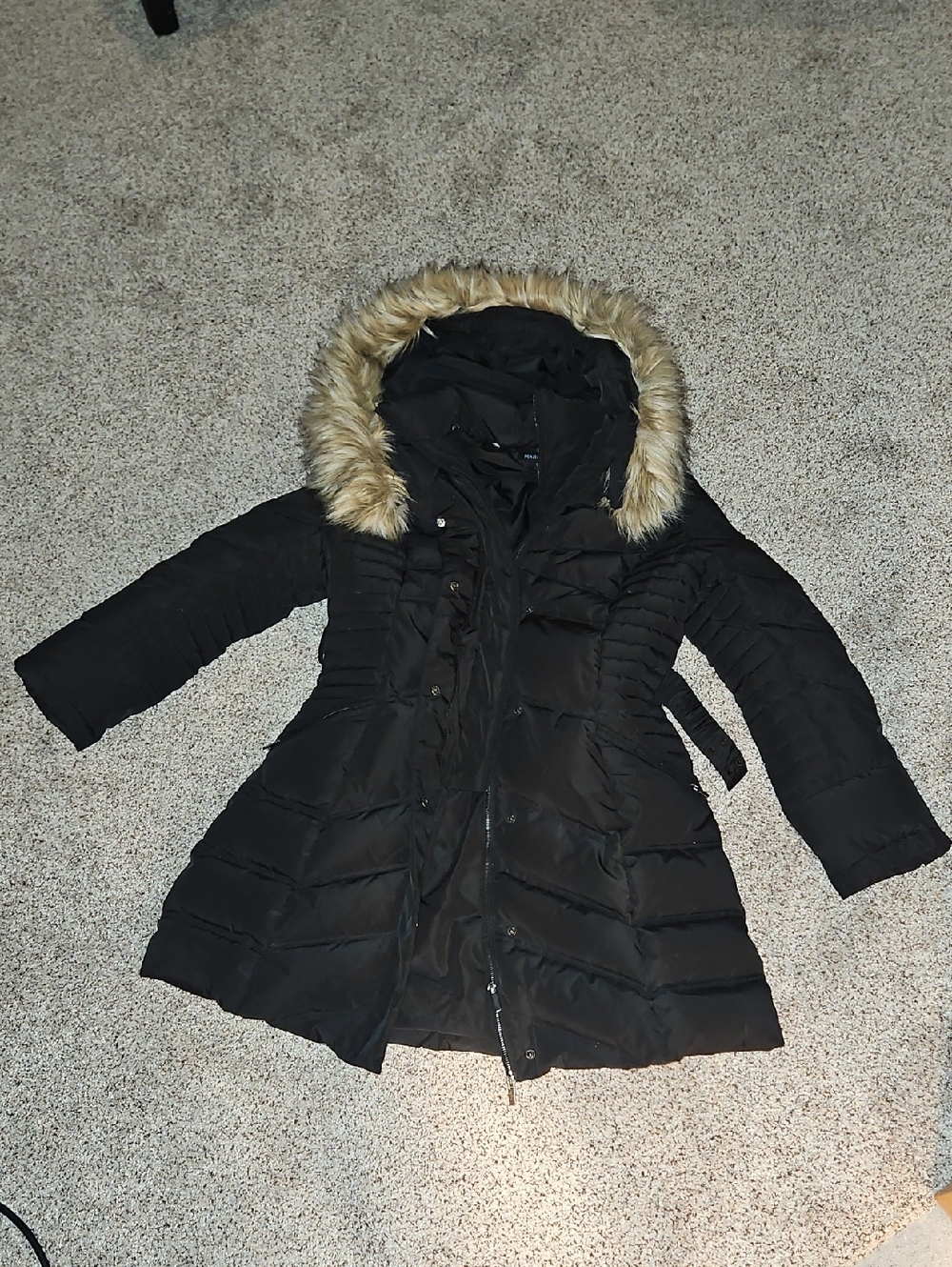 Marciano Women’s Black Faux-Fur Trim Belted Puffer Coat M